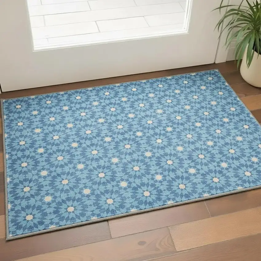 Denim Blue And Ivory Geometric Washable Area Rug With UV Protection Photo 2