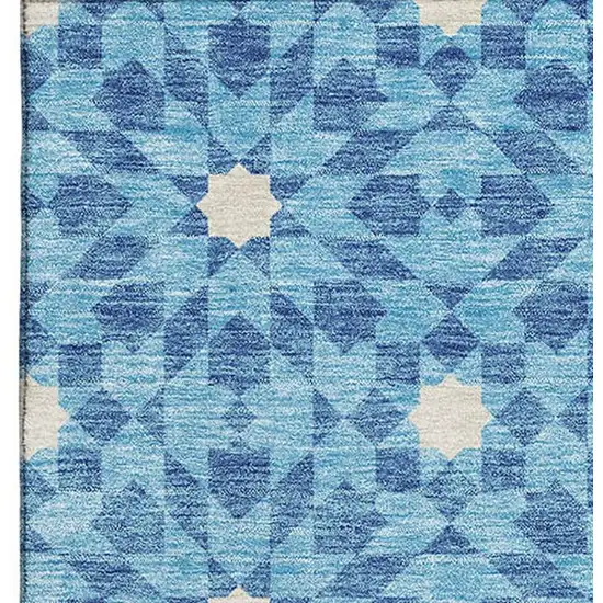 Denim Blue And Ivory Geometric Washable Area Rug With UV Protection Photo 3