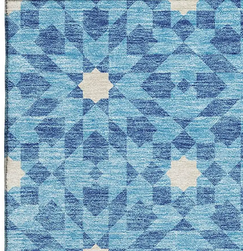 Denim Blue And Ivory Geometric Washable Area Rug With UV Protection Photo 3