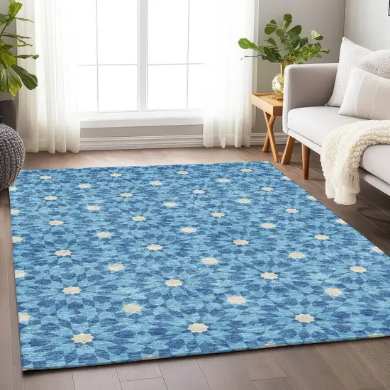 Denim Blue And Ivory Geometric Washable Area Rug With UV Protection Photo 5