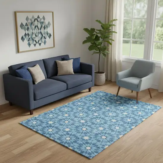 Denim Blue And Ivory Geometric Washable Area Rug With UV Protection Photo 1