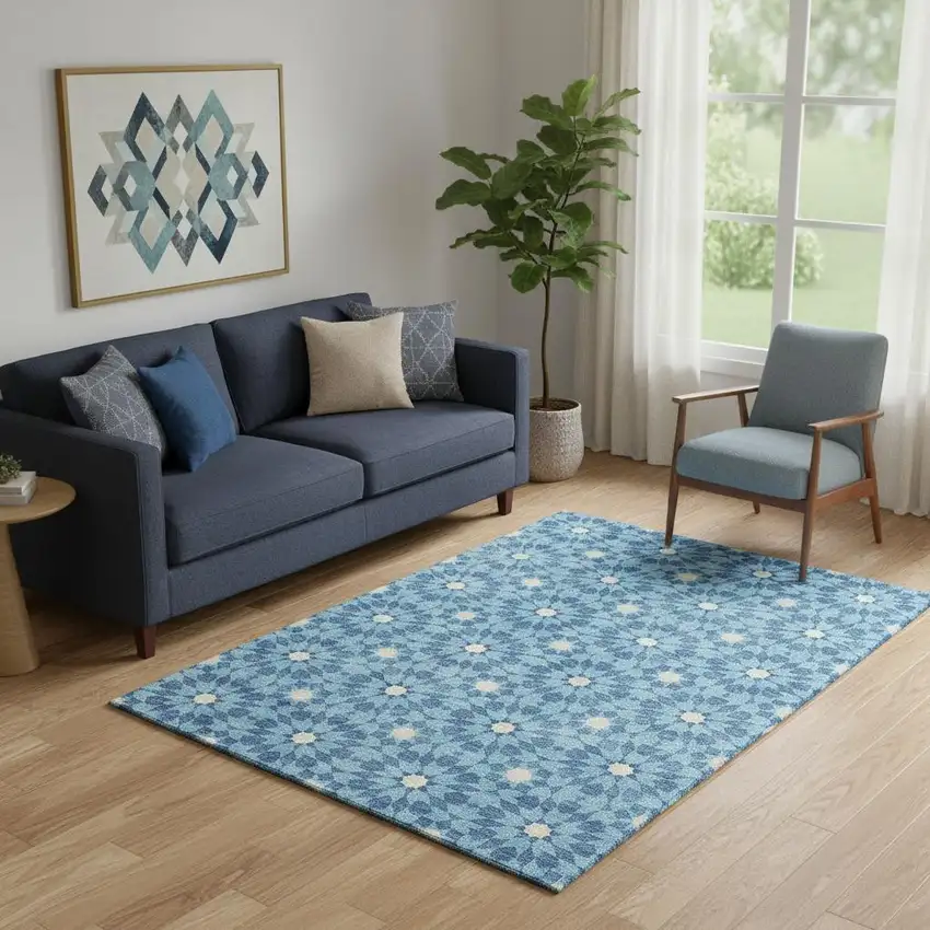 Denim Blue And Ivory Geometric Washable Area Rug With UV Protection Photo 3