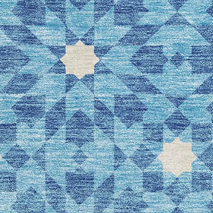 Denim Blue And Ivory Geometric Washable Area Rug With UV Protection Photo 3