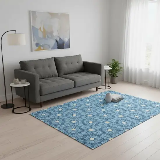 Denim Blue And Ivory Geometric Washable Area Rug With UV Protection Photo 2