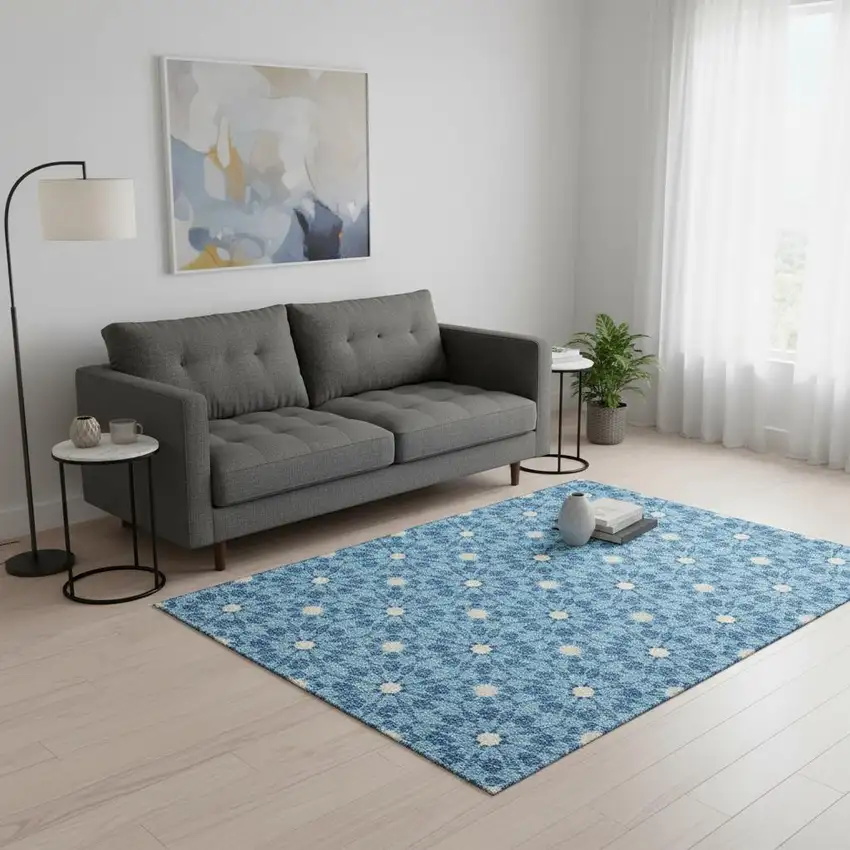 Denim Blue And Ivory Geometric Washable Area Rug With UV Protection Photo 2