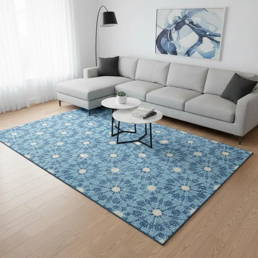 Denim Blue And Ivory Geometric Washable Area Rug With UV Protection Photo 2