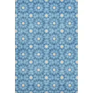 Photo of Denim Blue And Ivory Geometric Washable Area Rug With UV Protection