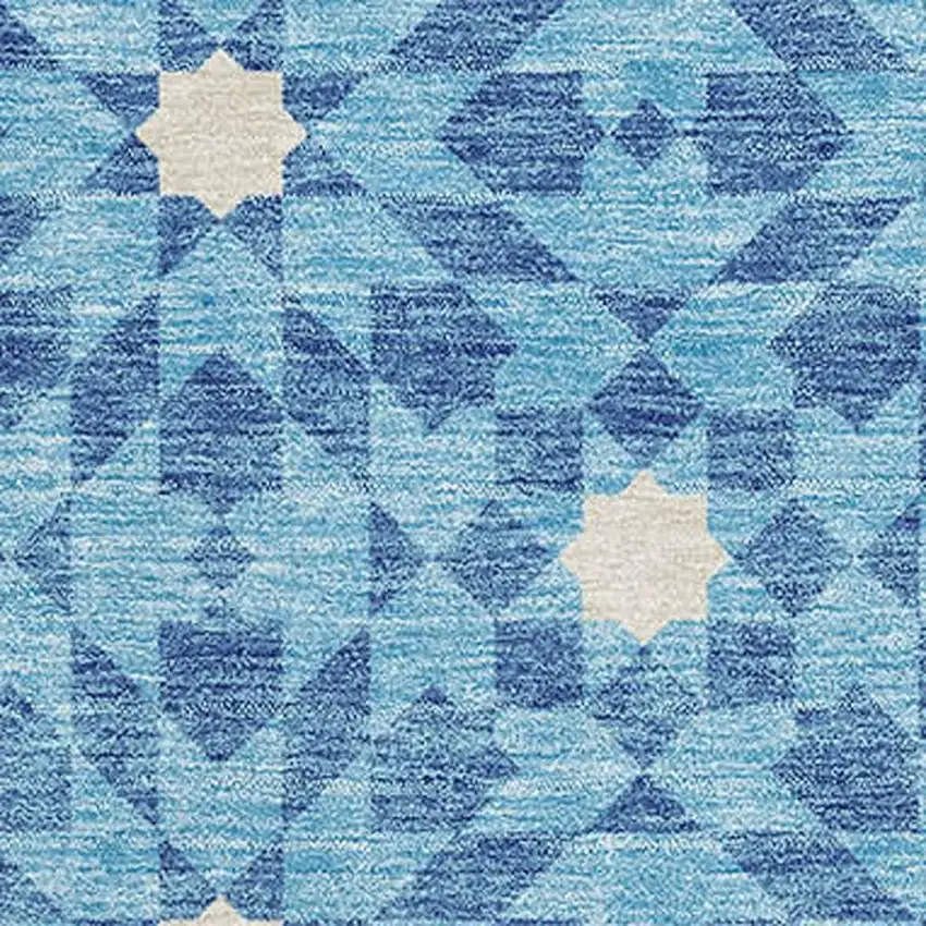 Denim Blue And Ivory Geometric Washable Area Rug With UV Protection Photo 3