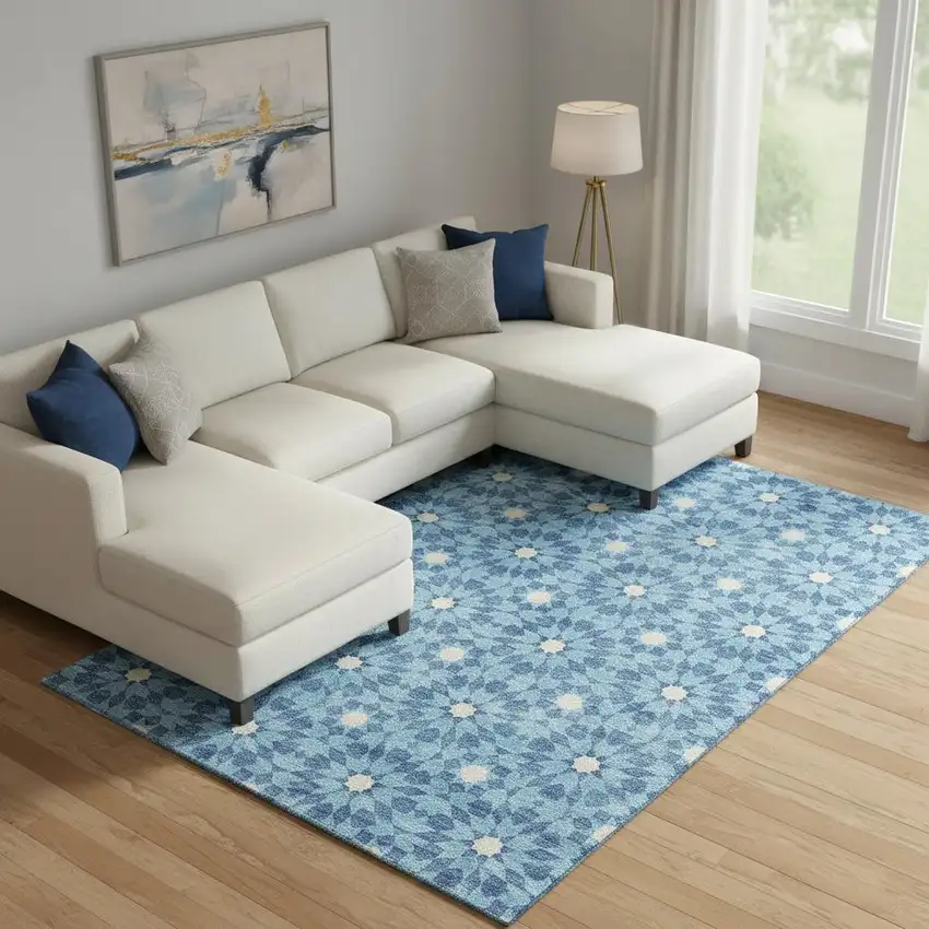 Denim Blue And Ivory Geometric Washable Area Rug With UV Protection Photo 1