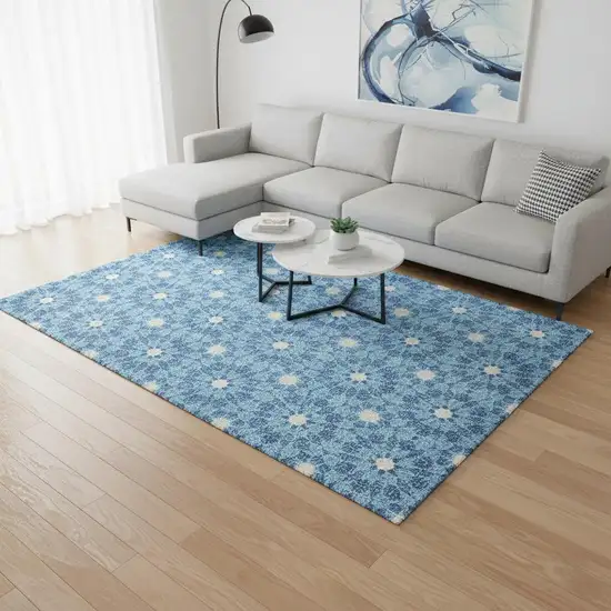 Denim Blue And Ivory Geometric Washable Area Rug With UV Protection Photo 2
