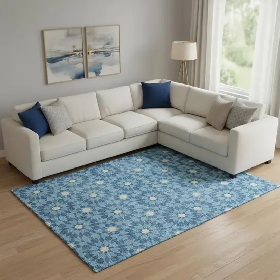 Denim Blue And Ivory Geometric Washable Area Rug With UV Protection Photo 1
