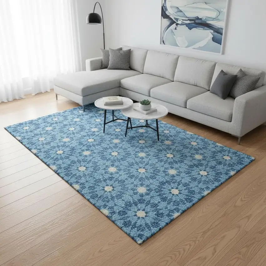 Denim Blue And Ivory Geometric Washable Area Rug With UV Protection Photo 2