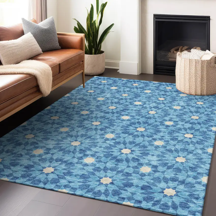 Denim Blue And Ivory Geometric Washable Area Rug With UV Protection Photo 6