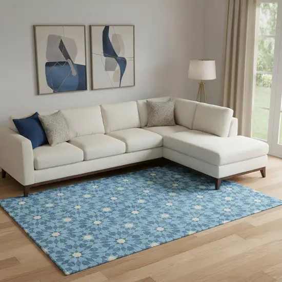 Denim Blue And Ivory Geometric Washable Area Rug With UV Protection Photo 1