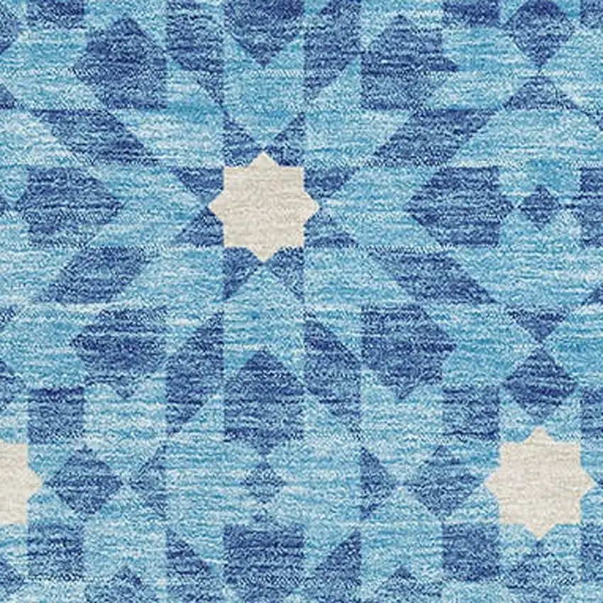 Denim Blue And Ivory Geometric Washable Area Rug With UV Protection Photo 3