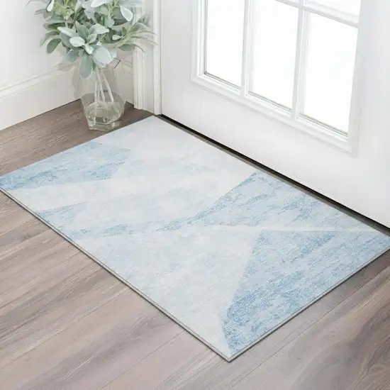 Denim Blue And Ivory Geometric Washable Area Rug With UV Protection Photo 2