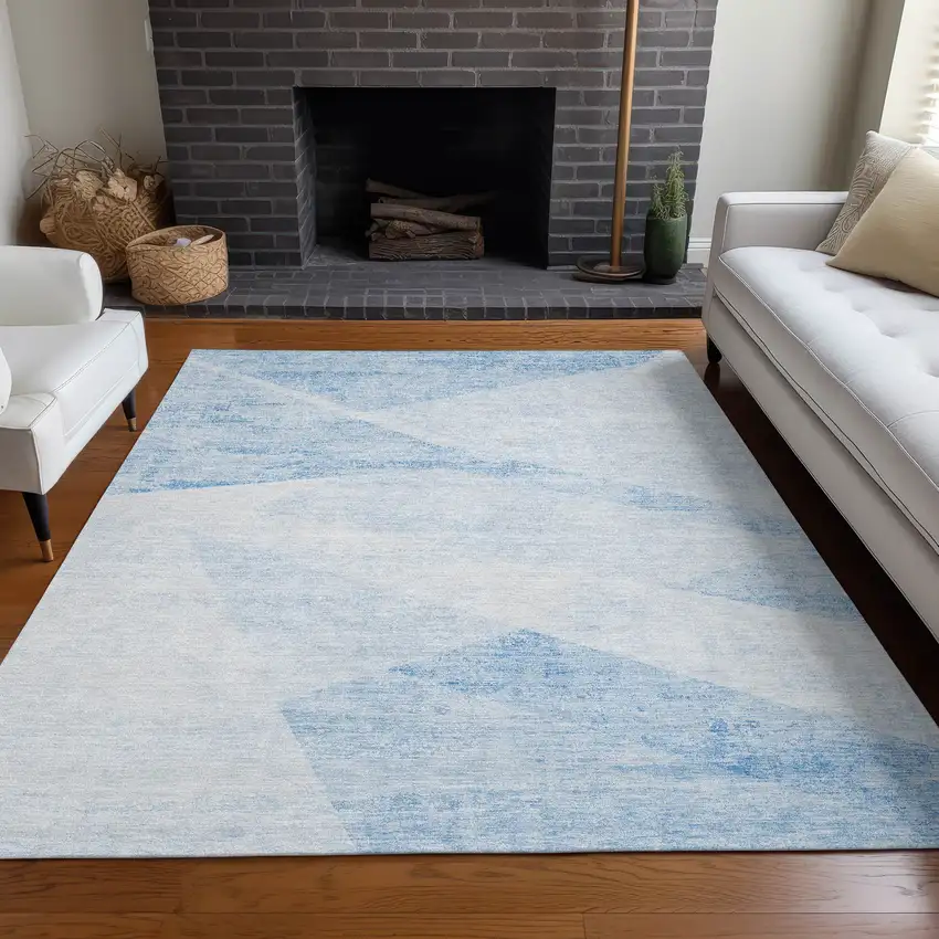 Denim Blue And Ivory Geometric Washable Area Rug With UV Protection Photo 5