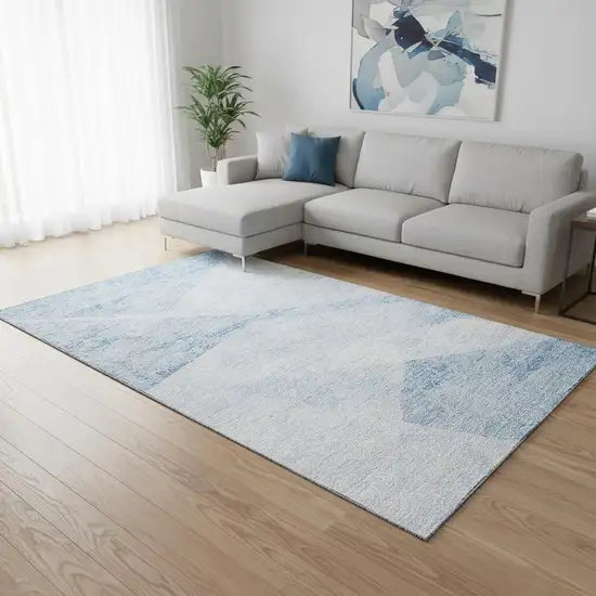 Denim Blue And Ivory Geometric Washable Area Rug With UV Protection Photo 2
