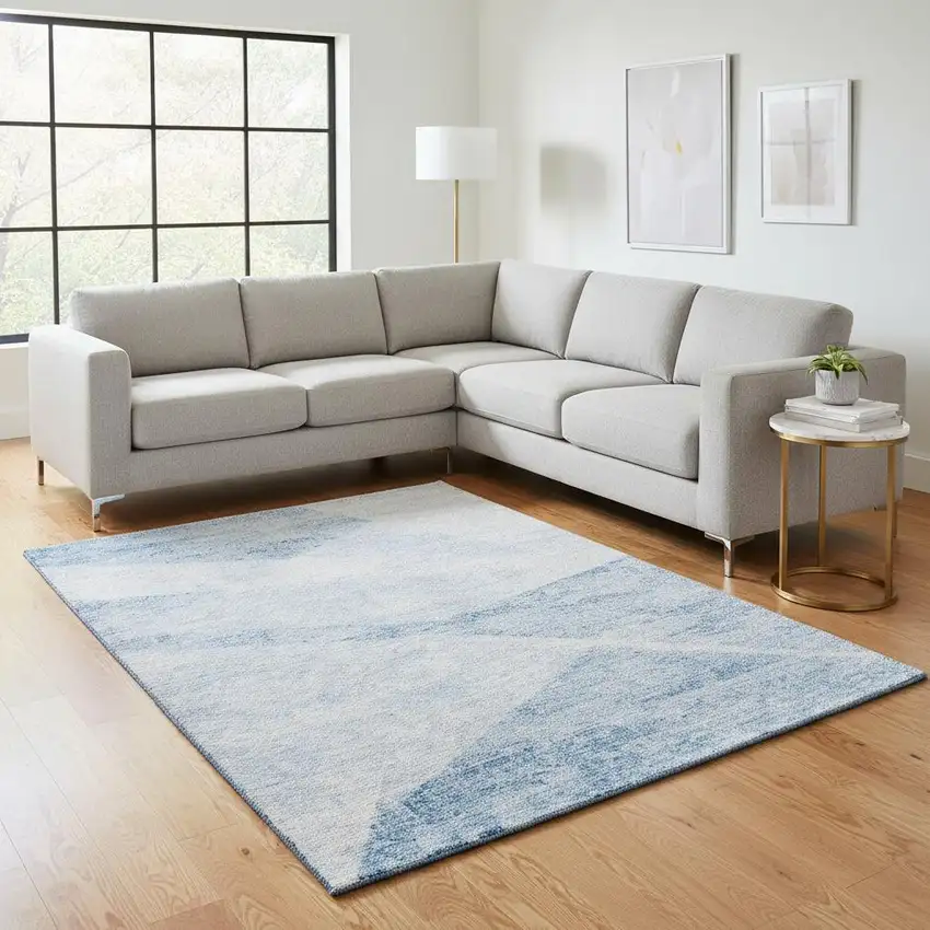 Denim Blue And Ivory Geometric Washable Area Rug With UV Protection Photo 2