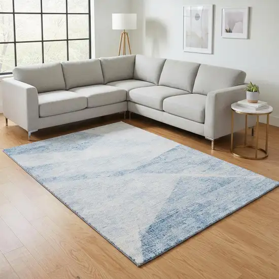 Denim Blue And Ivory Geometric Washable Area Rug With UV Protection Photo 2