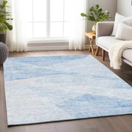 Denim Blue And Ivory Geometric Washable Area Rug With UV Protection Photo 5