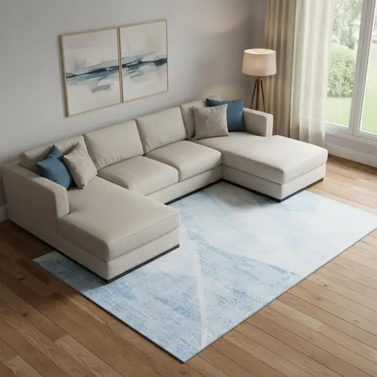 Denim Blue And Ivory Geometric Washable Area Rug With UV Protection Photo 1