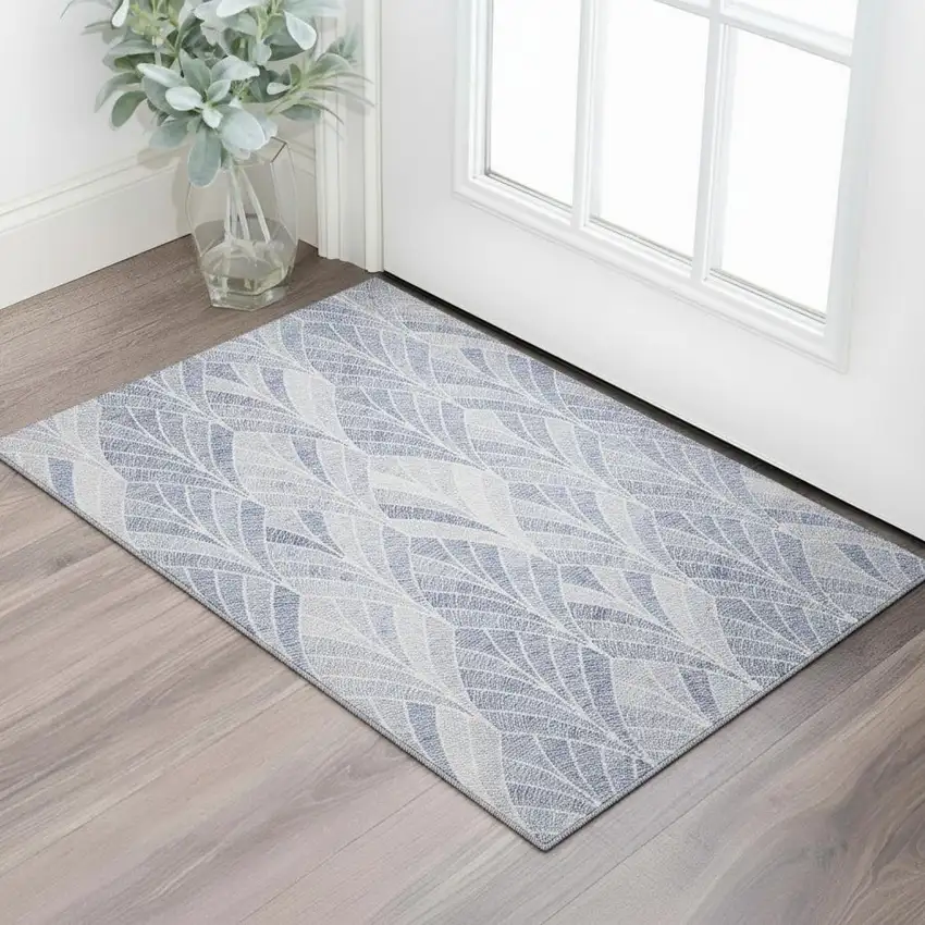 Denim Blue And Ivory Geometric Washable Area Rug With UV Protection Photo 1