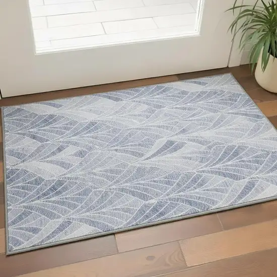 Denim Blue And Ivory Geometric Washable Area Rug With UV Protection Photo 2