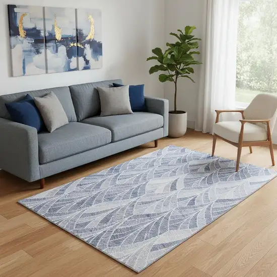 Denim Blue And Ivory Geometric Washable Area Rug With UV Protection Photo 1