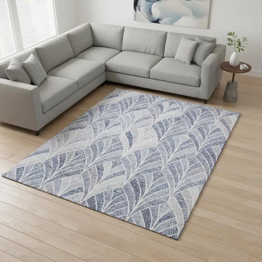 Denim Blue And Ivory Geometric Washable Area Rug With UV Protection Photo 2