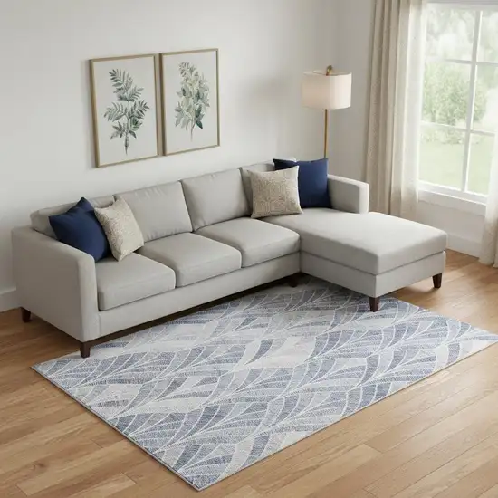 Denim Blue And Ivory Geometric Washable Area Rug With UV Protection Photo 1