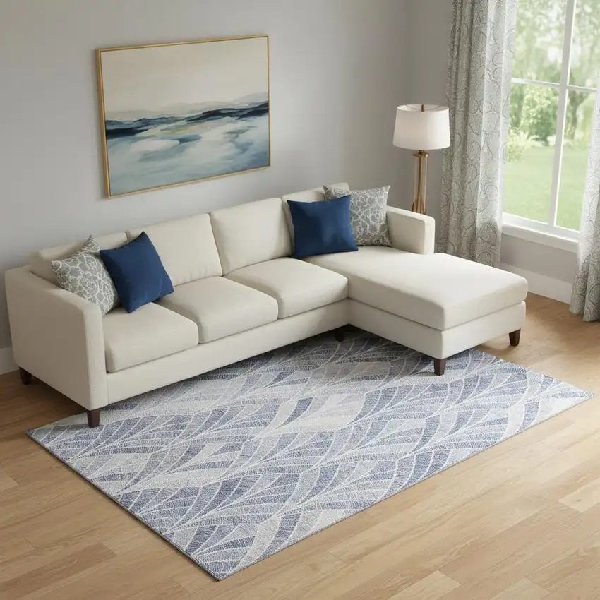 Denim Blue And Ivory Geometric Washable Area Rug With UV Protection Photo 1
