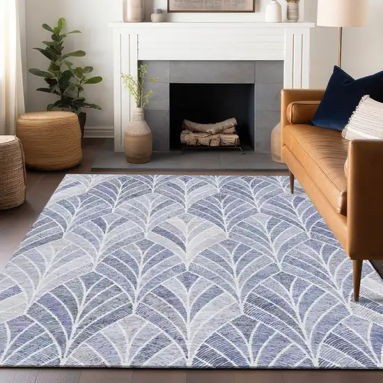 Denim Blue And Ivory Geometric Washable Area Rug With UV Protection Photo 6