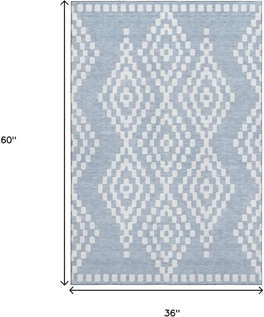 Denim Blue And Ivory Geometric Washable Area Rug With UV Protection Photo 3