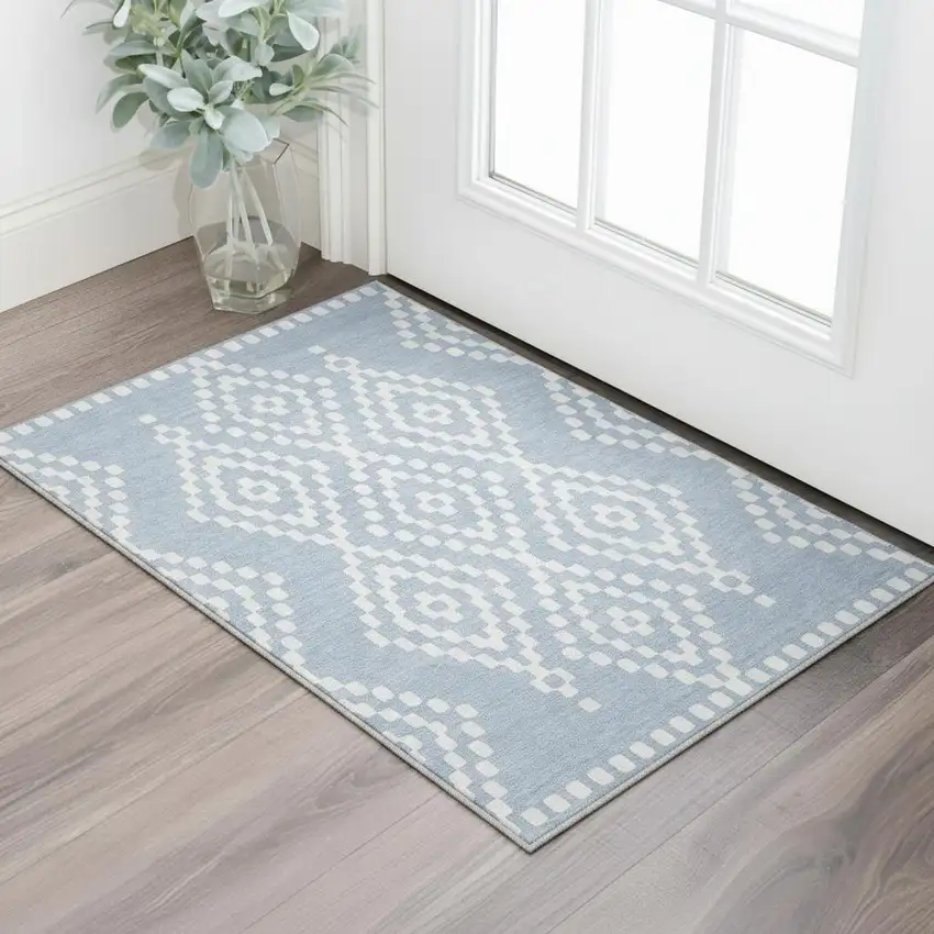 Denim Blue And Ivory Geometric Washable Area Rug With UV Protection Photo 2