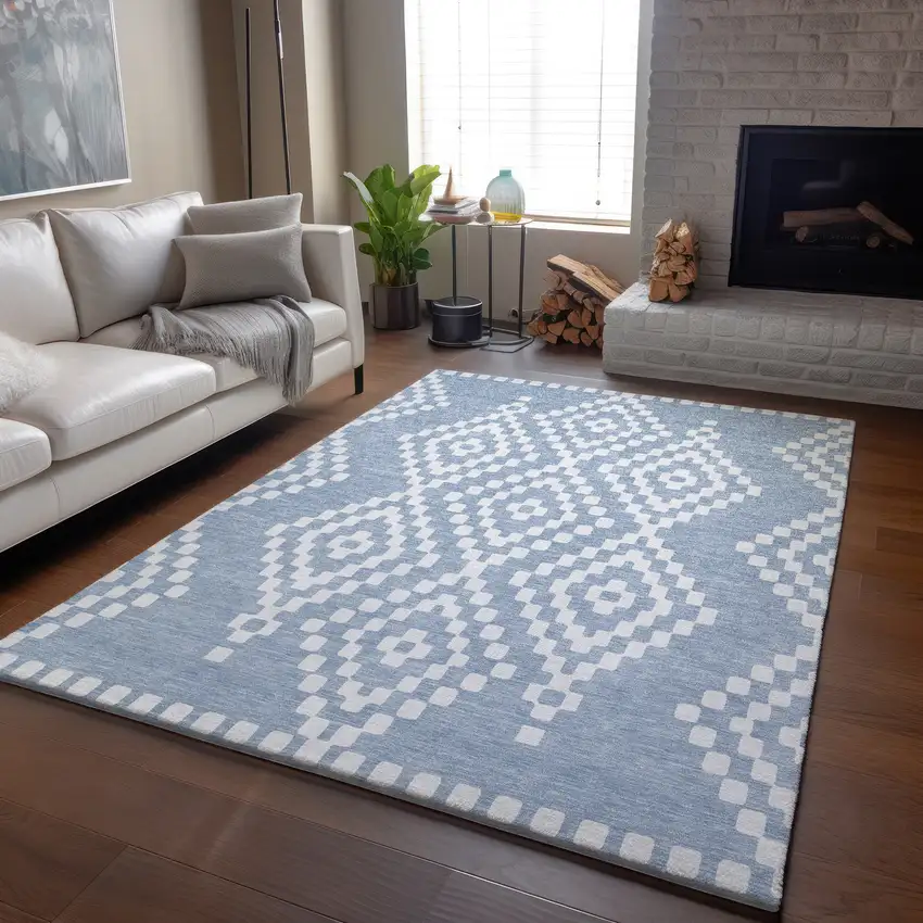 Denim Blue And Ivory Geometric Washable Area Rug With UV Protection Photo 6