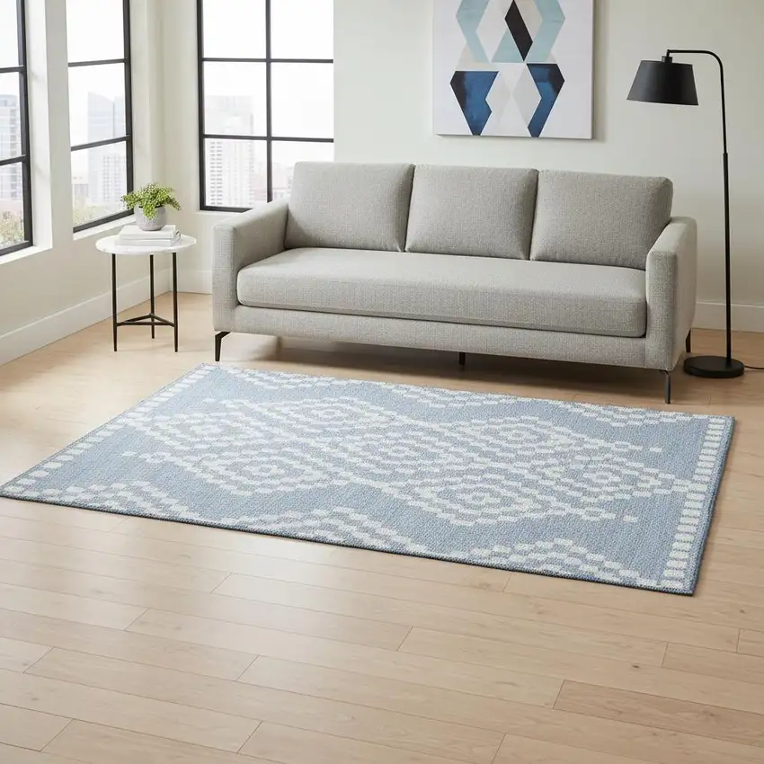 Denim Blue And Ivory Geometric Washable Area Rug With UV Protection Photo 2