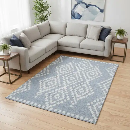 Denim Blue And Ivory Geometric Washable Area Rug With UV Protection Photo 2