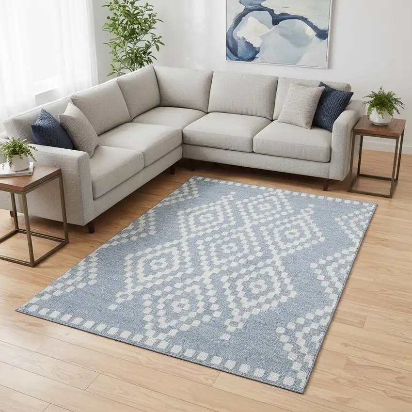 Denim Blue And Ivory Geometric Washable Area Rug With UV Protection Photo 2