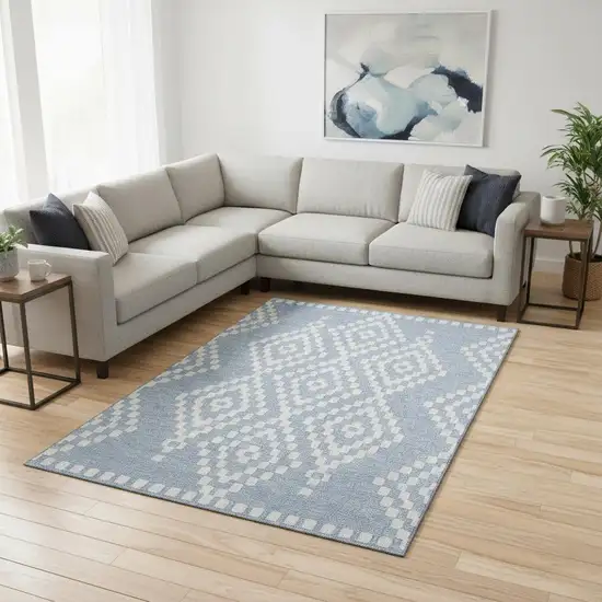 Denim Blue And Ivory Geometric Washable Area Rug With UV Protection Photo 2