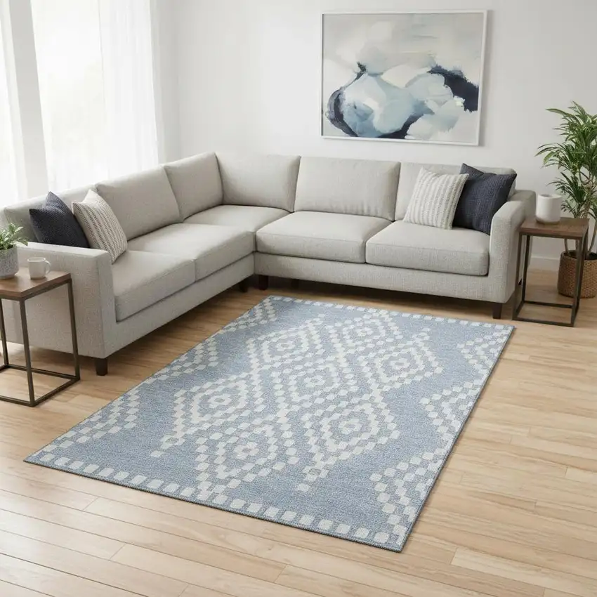 Denim Blue And Ivory Geometric Washable Area Rug With UV Protection Photo 2