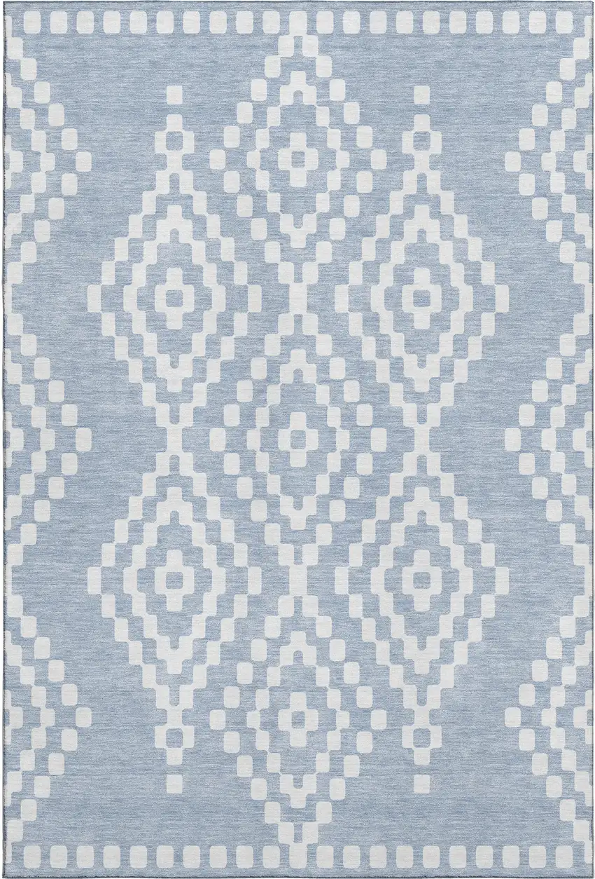 Denim Blue And Ivory Geometric Washable Area Rug With UV Protection Photo 1