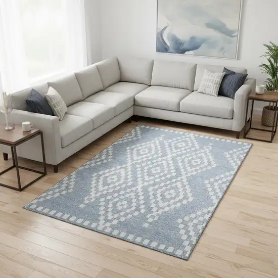 Denim Blue And Ivory Geometric Washable Area Rug With UV Protection Photo 2