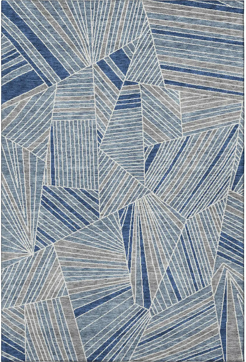 Denim Blue And Ivory Geometric Washable Area Rug With UV Protection Photo 4