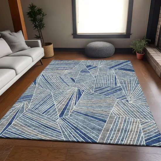 Denim Blue And Ivory Geometric Washable Area Rug With UV Protection Photo 6
