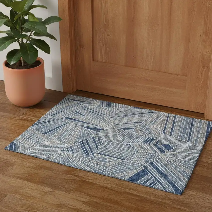 Denim Blue And Ivory Geometric Washable Area Rug With UV Protection Photo 1