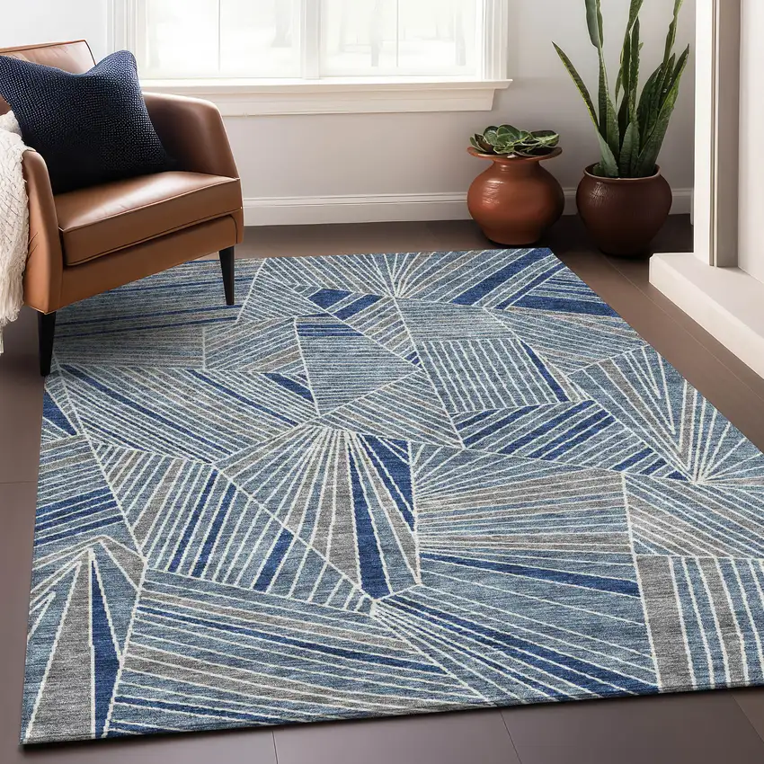 Denim Blue And Ivory Geometric Washable Area Rug With UV Protection Photo 5