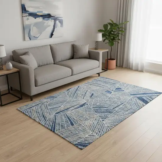 Denim Blue And Ivory Geometric Washable Area Rug With UV Protection Photo 2