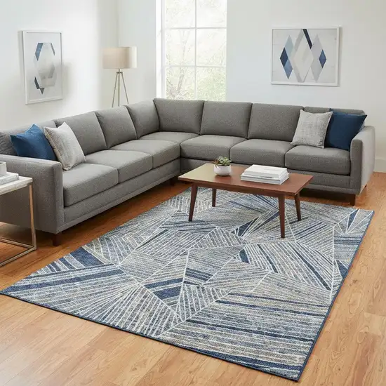 Denim Blue And Ivory Geometric Washable Area Rug With UV Protection Photo 2