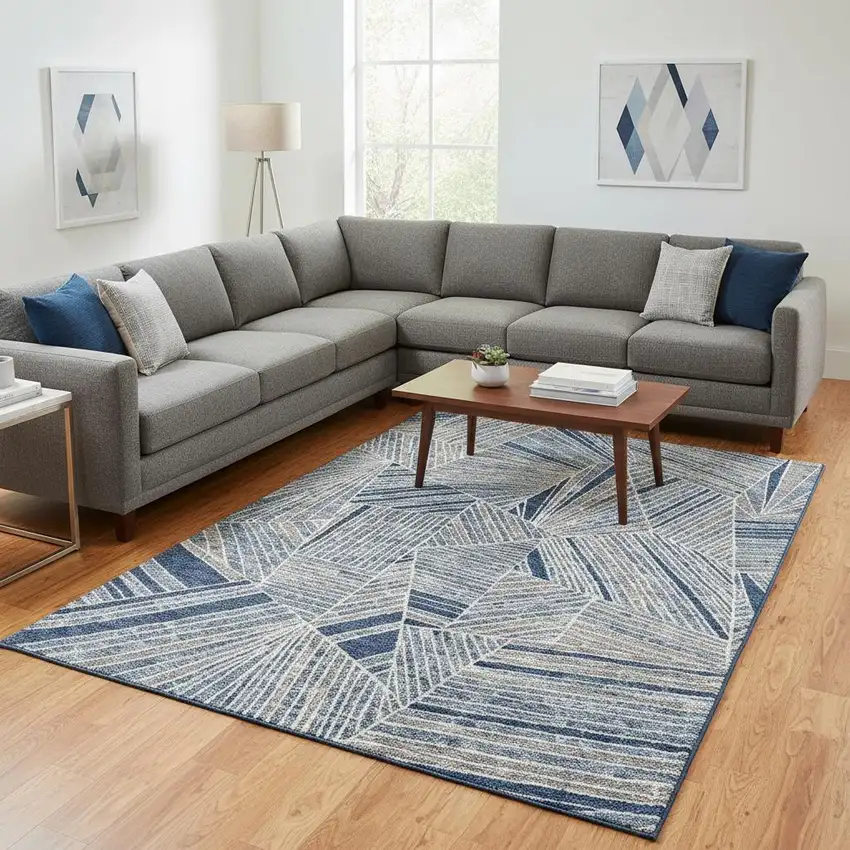 Denim Blue And Ivory Geometric Washable Area Rug With UV Protection Photo 2